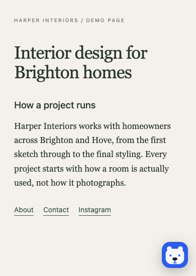 Illustrative Squarespace demo page with the RapidWombat launcher in the lower right corner