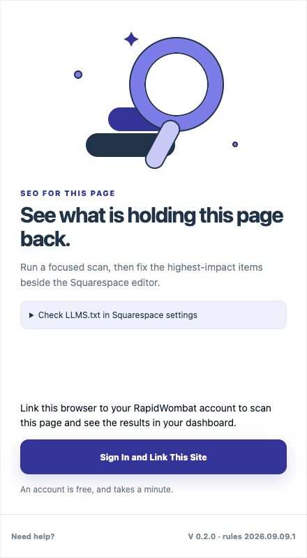RapidWombat extension version 0.2.0 showing the Sign In and Link This Site button