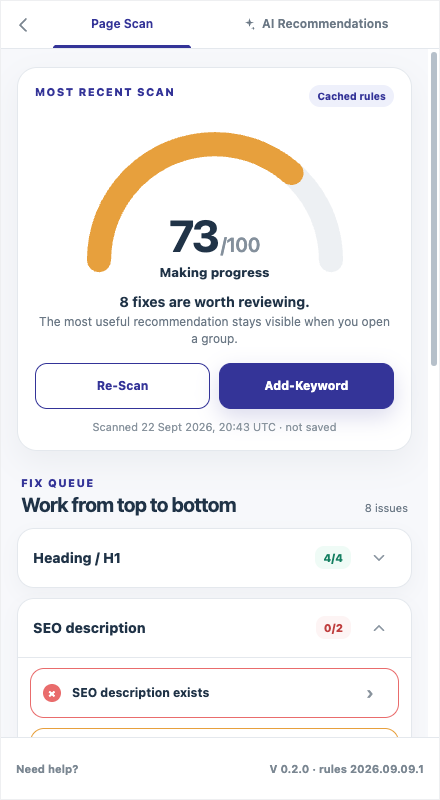 Illustrative RapidWombat extension scan showing a page score and grouped SEO fixes
